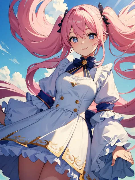 A charming pink anime character with a cute demeanor smiled at the viewer, barely revealing less exposure than usual. Her frilly outfit accentuated her youthfulness, as she looked up with bright, sparkling eyes set against a sky filled with a variety of fl...