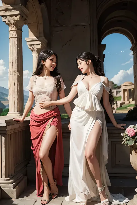 full body portrait or statue、Giorgione painting style,Arguments of two female Philosophe,math、astronomical machine、astronaut、roses in vase、fruits、Cute trinkets、smile、ancient greek costume、Ancient Roman landscape in the style of Nicolas Poussin,laughter,,Sw...