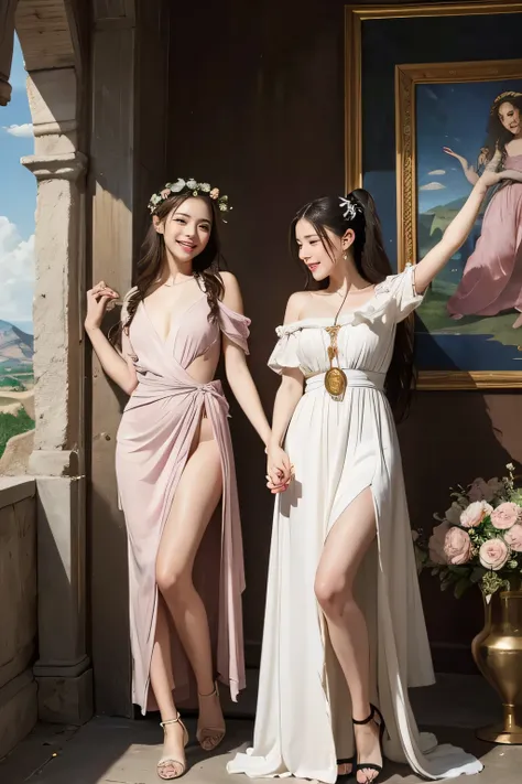 full body portrait or statue、Giorgione painting style,Arguments of two female Philosophe,math、astronomical machine、astronaut、roses in vase、fruits、Cute trinkets、smile、ancient greek costume、Ancient Roman landscape in the style of Nicolas Poussin,laughter,,Sw...