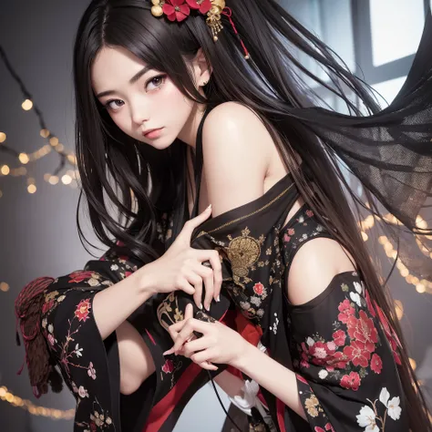 A Japanese girl with dark chestnut hair, wearing a Gothic rock-style kimono, in a recording studio. The artwork is in hyperrealism, featuring the highest level of detail. The girl has slender, adorable appearance with all five fingers intact on each hand. ...