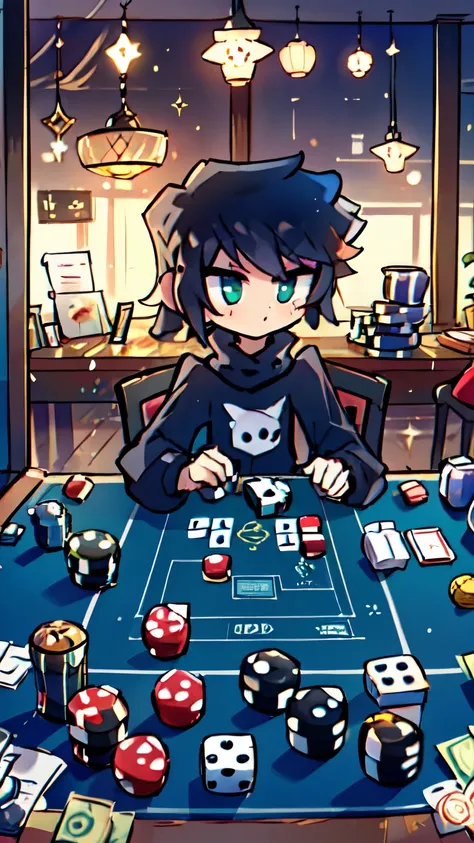 boy , black hair , black shirt , playing monopoly , board games , a 6_face dice , dice , rolling the dice , money on the table ,...