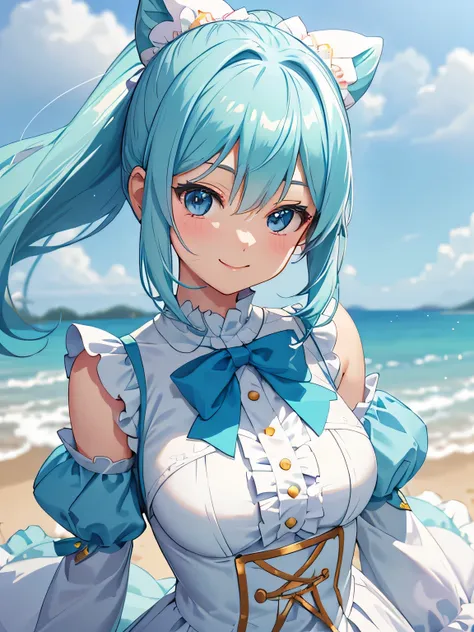 Adorable anime character with frills and less exposure, boasting a cute figure and a light blue bib. She is gracefully smiling, adding to her endearing charm. Anime style, prioritize best quality, highres, and muted pastel colors for vibrant visuals. Ultra...