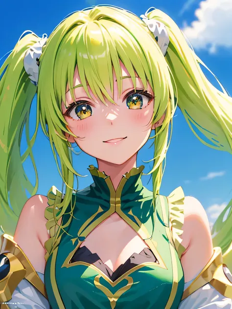 Anime character with cute, less exposed design, adorned with frills and twin tails of yellow-green hue. Her smile beams brightly, adding to her charming appeal. (Close-up Portrait: 1.3), (Anime Art: 1.2), Pastel Color Scheme, Delicately Detailed.