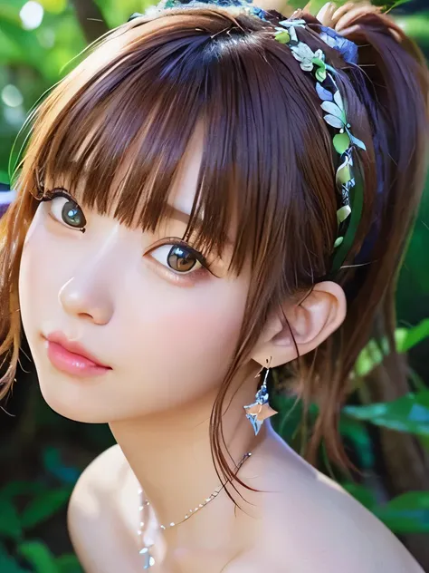 masterpiece, highest quality, １６K,enlightenment, Sax Blue, platinum earrings, platinum necklace, white dress, 1 girl, cute, (dynamic lighting:1.2), cinematic lighting, delicate features, detailed eye, sharp pupils, realistic student, in the forest, Bokeh, ...