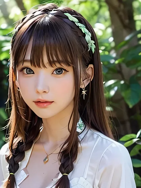 masterpiece, highest quality, １６K,enlightenment, Sax Blue, Green Earrings, green necklace, white dress, 1 girl, cute, (dynamic lighting:1.2), cinematic lighting, delicate features, detailed eye, sharp pupils, realistic student, in the forest, Bokeh, sharp ...