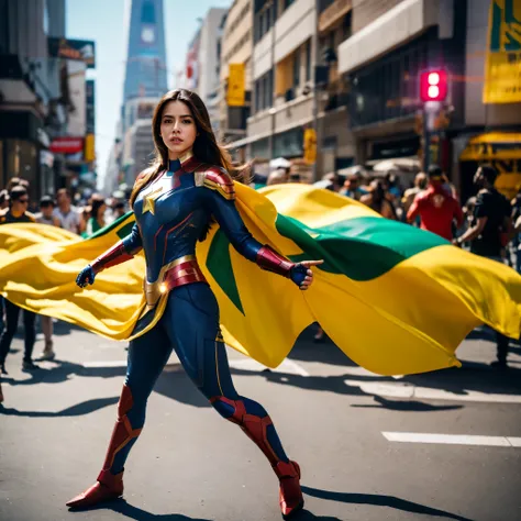 show me a marvel themed super hero that would represent the country brazil, the character should be female, she should be show casing her powers in public 8k cinematic  camera shot in a busy street