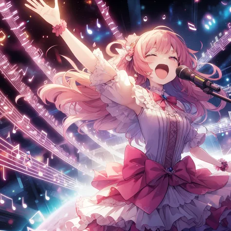 a woman in a dress singing into a microphone in front of a crowd, nightcore, An idol anime like Macross Frontier that fights with singing voices、full body jump、scatter♪、smile、Music Note Effects、Shockwave of singing voice、space background、Resonating singing...