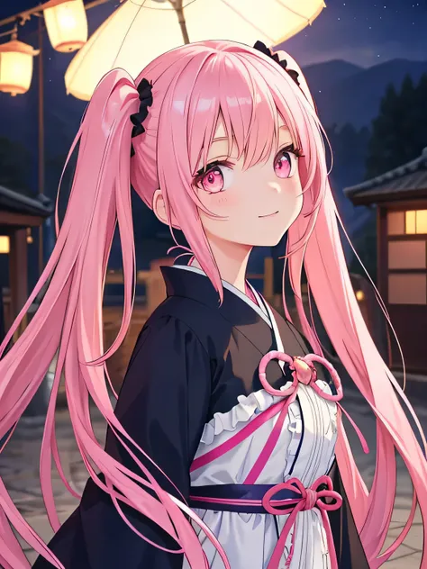 Anime character with cute and shining eyes, frills adorning her twin tails, pink hair that shimmers in the light, a coy smiling expression, and less exposure of skin, clad in a modest outfit. The background is an ultra-detailed, 8k scene of a tranquil Japa...