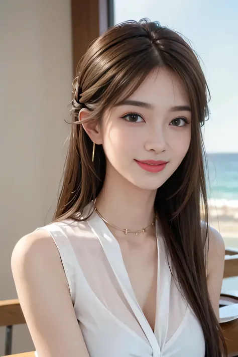 ((highest quality, 8K, table top: 1.3)), sharp: 1.2, perfect body beauty: 1.4, slim abs: 1.2, ((light brown long hairstyle,medium breasts: 1.2)), cleavage, (pale white long shirt: 1.1), Highly detailed face and skin texture, fine eyes, double eyelid, View ...