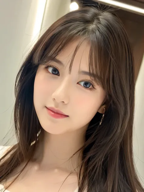 (((32ｋ,high details,high detail、masterpiece,attention to detail,alone))),Raw photo & realistic atmosphere,beautiful dark blue eyes,detailed mouth,glossy lips,thin eyebrows,fine eyes、Soft white skin that shines in every detail、her deep black eyes are so bea...