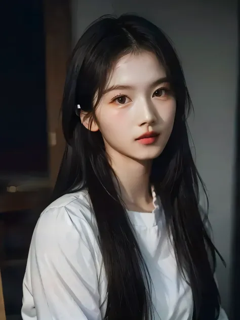 Una mujer con cabello largo y negro y una camisa blanca, muchacha coreana, hermosa mujer surcoreana, Southeast Asian with round face, realista. ChengYi, ulzzang, joven y adorable rostro coreano, hermosa joven coreana, jinyoung shin, Asian girl with long ha...