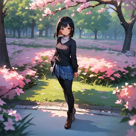 (high quality, High resolution, Super detailed, reality:1.37), peaceful atmosphere, (outdoor, garden ,Cherry tree), teenage girl standing alone, (my breasts are big.), Beautiful detail features, cute smile, (black bob hair), ribbed sweater, blue plaid skir...