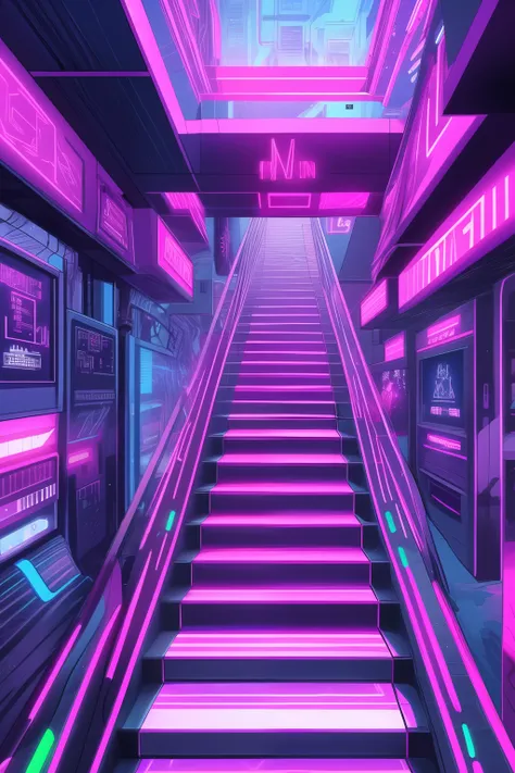 neon illuminated stairs, cyberpunk m c escher art, trending on pexels, black and purple tron. strong foreground, discovered photo, nobody here, abduzeedo, noneuclidian geometry, cyan pink vibe, seen from below, instagram story, no people, escape room, imme...