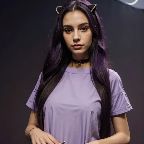 Chic, pelo largo de color morado, long nails, ropa morada, cola y orejas de gato de color morado y un collar con una luna creciente 🌒