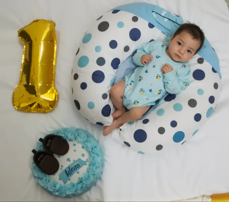 Pixar style 4k photo of a newborn male baby with medium white skin, on his first birthday, vestido con un conjunto celeste, recostado encima de un apoyador de lactancia, In the photograph you can see a balloon in the shape of an NRO. Uno y una torta de col...