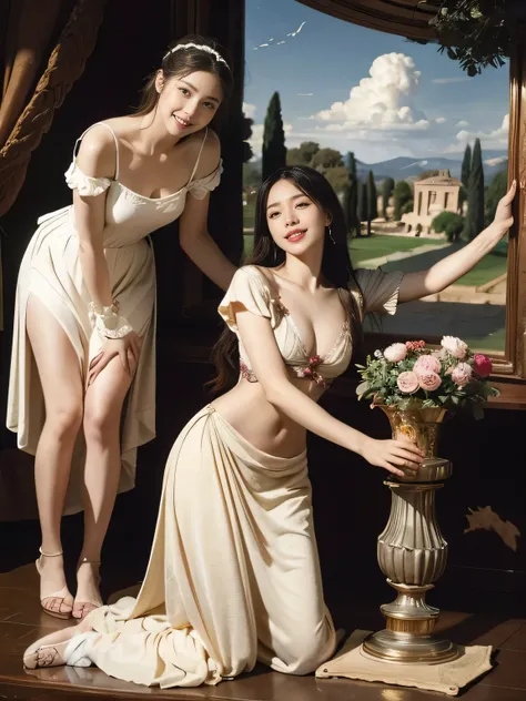 full body portrait or statue、Giorgione painting style,Arguments of two female Philosophe,math、astronomical machine、astronaut、roses in vase、fruits、Cute trinkets、smile、ancient greek costume、Ancient Roman landscape in the style of Nicolas Poussin,laughter,,Sw...