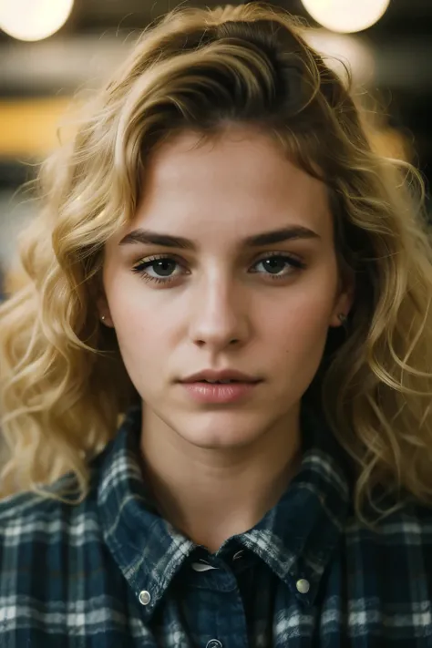 photo of a 25 year old woman, (worried expression), ultra textured leather, goosebumps, blonde with curly hair, plaid flannel shirt with distressed boyfriend jeans. Full face unfolded. face illuminated.  Holder for 160 flowers, filmed on ARRI ALEXA 65, Bok...