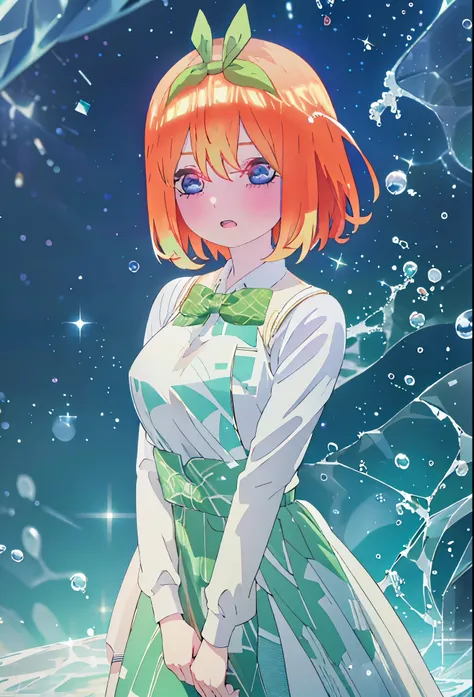 (1 girl, solo) pretty outdoors background, Yotsuba nakano, green ribbon on top of head, yotsuba wearing a pretty iridescent ice dress, simple iridescent crystal sparkle gown, silvery light blue monochrome dress, simple minimal dress, short orange hair, bob...