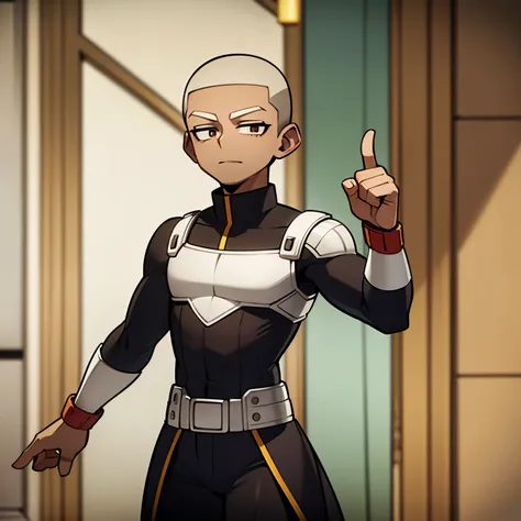 Brown skinned young adult man, with blonde buzz cut, standing proud, wearing a hero costume inspired by my hero academia