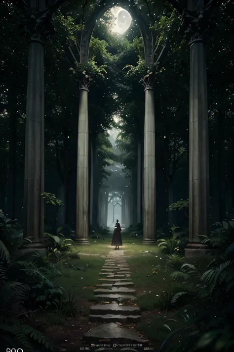 A capa do livro "Mestres Encantadores" is a 3D rendered illustration beautifully crafted as a captivating and ingenious poster. shows a group of magical poets in a mystical moonlit forest, with bright plants and a path leading to an ancient, mystical struc...