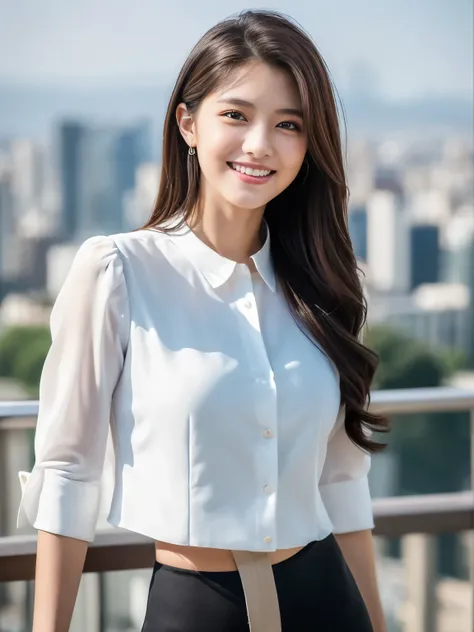 ((Best quality, 8k, Masterpiece: 1.3)), 1 girl, smiling, full body, slim face, pretty woman, Medium dark brown hair, white crisp shirt on the upper body, black straight suit pants on the upper body, High heels, super detailed face, detailed eyes, double ey...