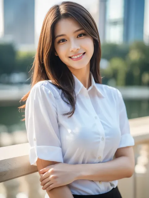 ((Best quality, 8k, Masterpiece: 1.3)), 1 girl, smiling, full body, slim face, pretty woman, Medium dark brown hair, white crisp shirt on the upper body, black straight suit pants on the upper body, High heels, super detailed face, detailed eyes, double ey...