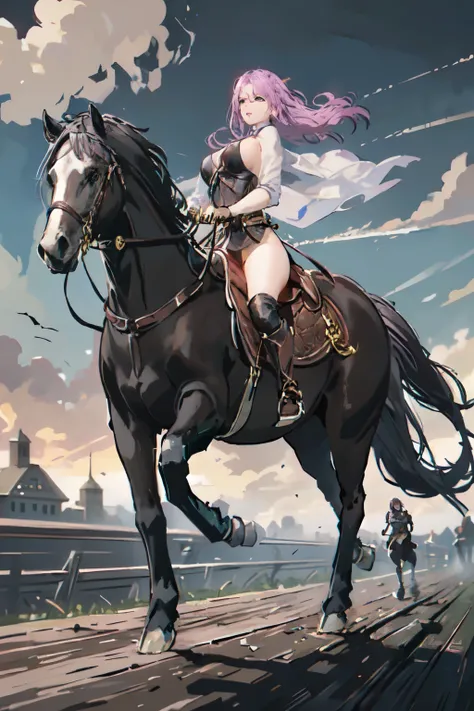 4k, masterpiece, solo, pink hair, green eyes, large breast, riding on a white horse, FULL BODY, female knight, (brown horse: 1.0, brown mane, bridle, saddle, stir ups, reins: 1.2), ((running)), (white armor, black miniskirt, black boots), grassland, fantas...