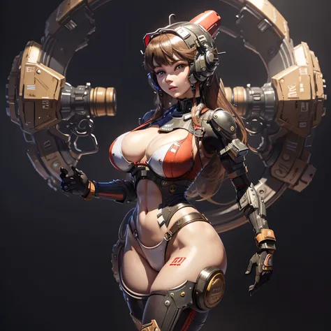 Android female humanoid with red color and blue stripes、big breasts、2 Arms、2 legs、big thighs、sensual hold