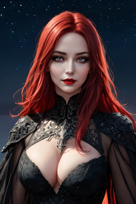 portrait shot, ((vivid red hair)), mature woman, 30 years old, diamond face, medium breast, moonlight, red starry sky background, depth of field, magic, big red lips, ((dark black eyes)) (Detailed beautiful eyes) red long and full dress, covered chest, mys...