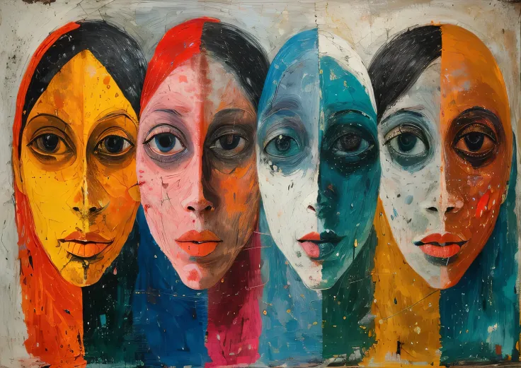 a group of women with faces of different skin colors, colorful faces, multiple faces, author：sandor bihari, woman&#39;s face, au...