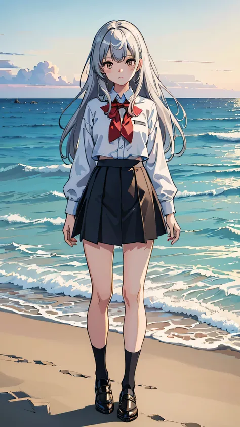 ((masterpiece)), ((highest quality)), ((High resolution)), ((Highly detailed CG Unity 8K wallpaper)), alone, tachibana kanade, tanned uniform, black skirt, white socks, outdoor, face, curtained hair, beach, parted hair, silver hair