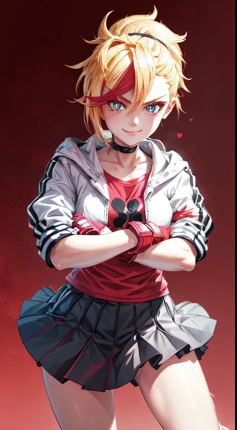 (best quality:1.2),solo,1girl,mdrin,smile,looking at viewer,crossed arms,ponytail,v-shaped eyebrows,white jacket,red shirt,finge...