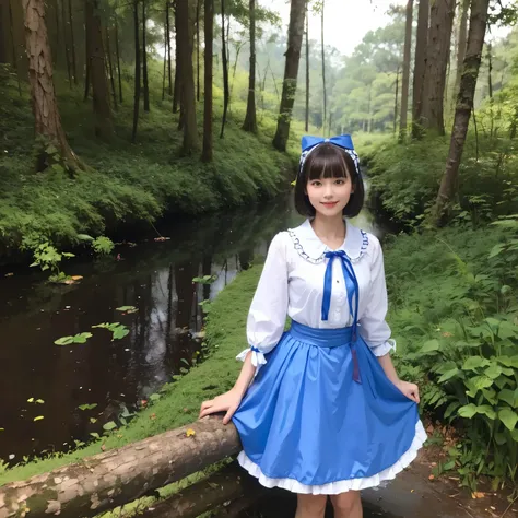 (alice in wonderland), 1-9-1, (He wears a large triangular ribbon on his head.....), short hair, young woman, gentle smile, colorful clothes, in the deep forest, There is a large stump

