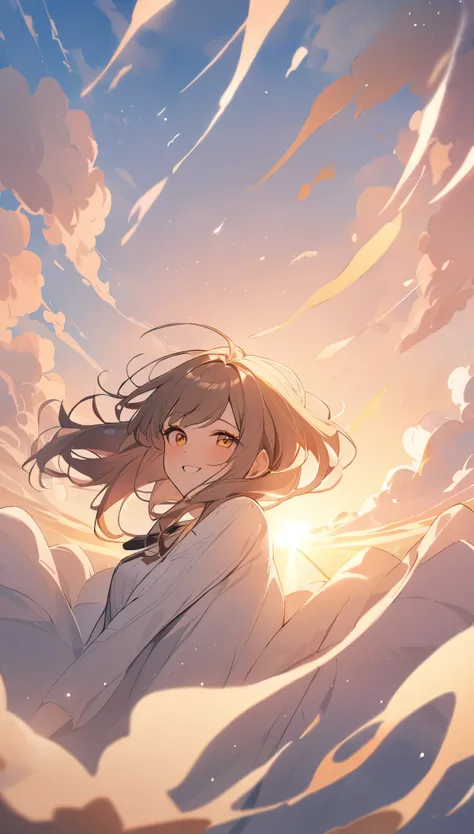 masterpiece, highest quality, movie stills, 1 girl, Cloud Girl, floating in the sky, close, bright, Happy, warm and soft lighting, sunset, (spark:0.7)