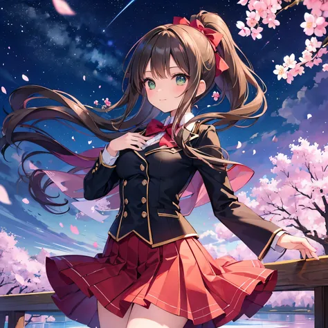 Cherry blossom petals flowing down the Sanzu River,A second year junior high school girl alone on the Sanzu River Bridge,The cherry blossoms dancing in the night sky are so beautiful,wearing a uniform,reach for the sky,A big ponytail dances in the wind,bla...