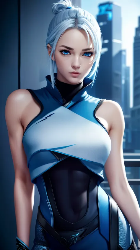 jett valorant, focused upper body, 1 girl, wearing blue ninja outfit, sparkling blue eyes, silver hair, highrise building backgr...