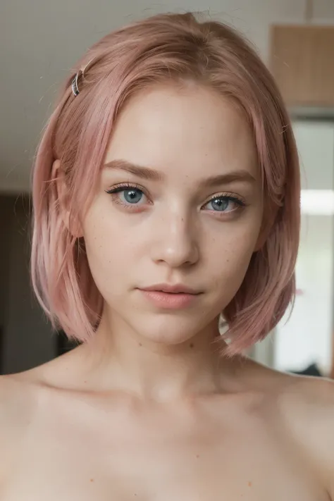 photo of a woman with pink hair, (freckles:0.8) cute face, similar to Maddy Phillips detailed eyes, blue eyes