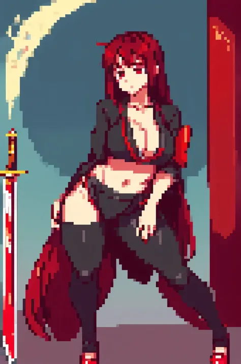 a perfect sexy girl kimono long wavy red rolled hair and wears short red kimono shows navel and tight black pants and red shoes carry a big sword filled with chopped edge