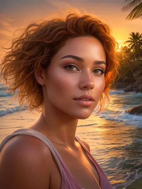 A stunning portrait of a beautiful woman, capturing every detail in high-resolution and ultra-detailed realistic style. Her lifelike colors radiate a vibrant palette, reflecting the warm hues of a glowing sunset over a tranquil beach scene. The photorealis...