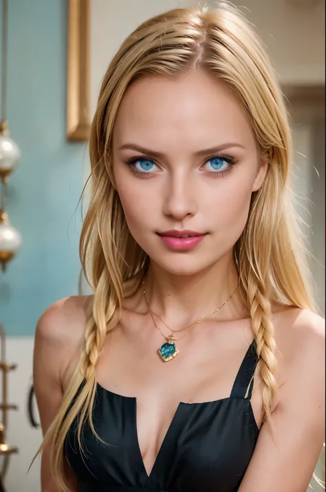 (detailed), full body shot, perfect face, realistic eyes, realistic photo of beautiful woman, blue eyes, piercing eyes, long hair, blond hair, wearing detailed necklace, Polish, influencer, light freckles, big lips, wearing detailed diamond bracelet, weari...