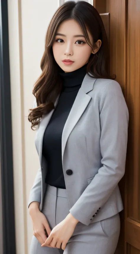 (((high resolution)))、(((masterpiece)))、Japanese beautiful girl、perfect face、cute face、big breasts、(Plump thighs)、((turtleneck))、(((pants suit)))、office、cool