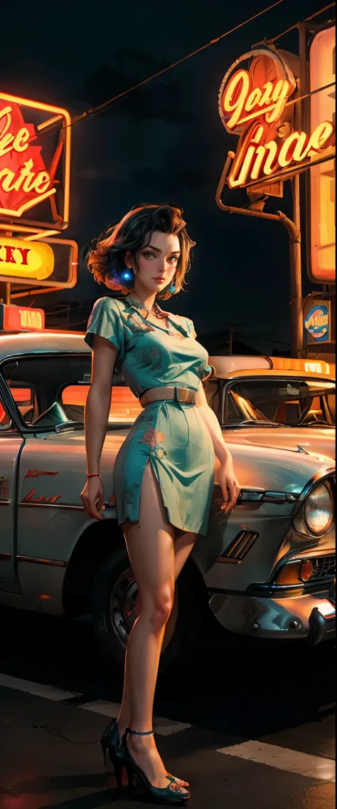 ((masterpiece, highest quality, Highest image quality, High resolution, photorealistic, Raw photo, 8K)), arafed view of a motel with a car parked in front of it, with neon signs, A woman waiting for a guest in front of a motel, seduction, short dress and h...