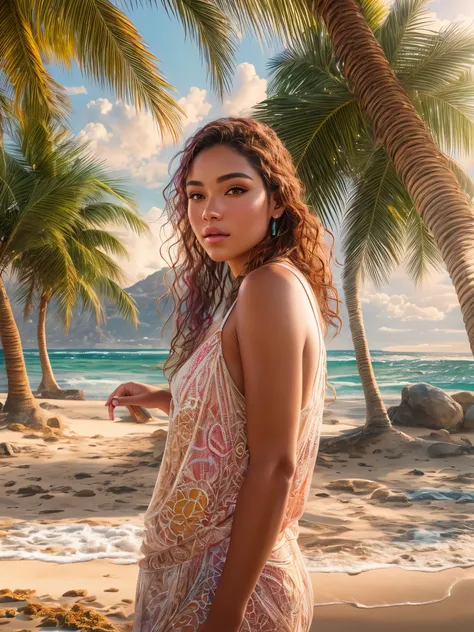 A stunning portrait of a beautiful woman, capturing every detail in high-resolution and ultra-detailed realistic style. Her lifelike colors radiate a vibrant palette, reflecting the warm hues of a glowing sunset over a tranquil beach scene. The photorealis...