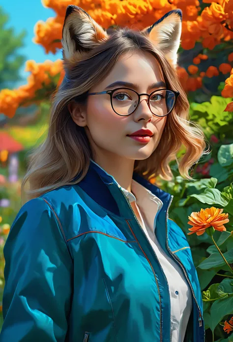 (best quality,4k,highres,masterpiece:1.2),ultra-detailed,realistic,portrait,intelligent confident fox,girl,blue jacket,detailed eyes,detailed lips,smart,wearing glasses,stylish,standing in a vibrant garden,beautiful flowers blooming,colorful,soft lighting,...