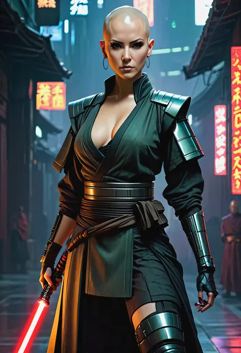 Jedi`s lightsaber，sh4g0d style cyberpunk female warrior，(Bald，monk:1.2),bushido,robe