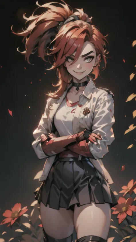 (best quality:1.2),solo,1girl,mdrin,smile,looking at viewer,crossed arms,ponytail,v-shaped eyebrows,white jacket,red shirt,fingerless gloves,black skirt,choker,illustration,floral garden background,warm color tones,soft lighting, Hair over one eye, ultra l...