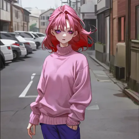 A blind red-haired girl with purple eyes, wearing a pink sweater and blue pants 