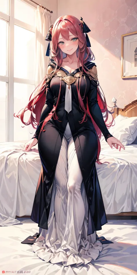 ((masterpiece)) best quality, anime coloring, 8kwallpaper, wallpaper, very detailed, highly detailed, 1 girl, long hair, big anime eyes, tall, white, black blazer, red hair ribbon, looking at viewer, slight blush, lustful smirking smile face red blushed re...