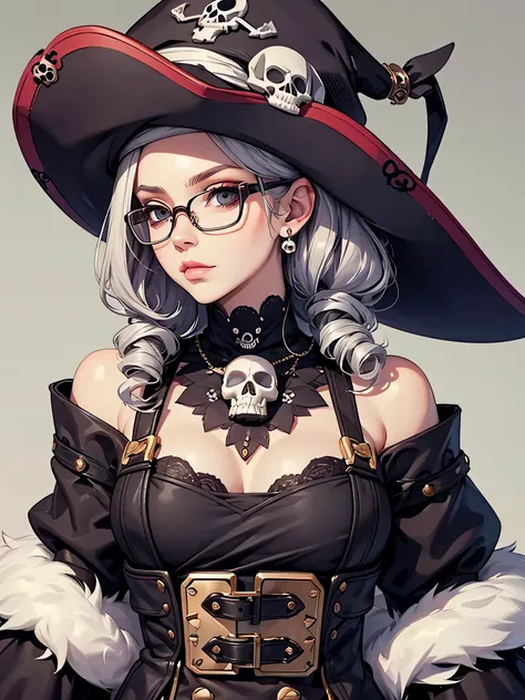 stylish design, cute lovely pirate skull, focus on face, stylish glasses, Fashionable hats, beautiful flower, highest quality、SKULL fashion