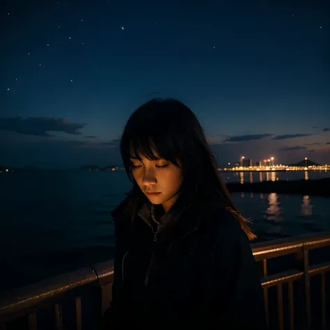 Night scenery with a girl far away